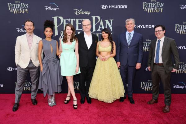 (L-R) Jude Law, Yara Shahidi, Ever Anderson, Jim Gaffigan, Alyssa Wapanatâhk, Jim Whitaker and Adam Borba attend the Peter Pan & Wendy NY special screening at South Street Seaport Museum in New York on April 25, 2023. (Theo Wargo/Getty Images for Disney)