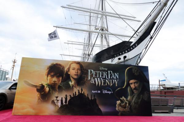 A view of the backdrop at the Peter Pan & Wendy NY special screening at South Street Seaport Museum in New York on April 25, 2023. (Theo Wargo/Getty Images for Disney)