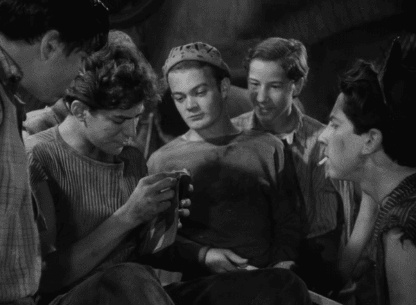 A screenshot of the Dead End Kids in the first trailer for the 1938 film "Angels with Dirty Faces," which also stars actor James Cagney. (Public Domain)