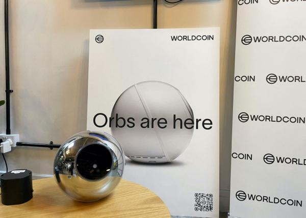 WorldCoin's iris-scanning device is seen at a sign-up site in Shoreditch, East London, on July 24, 2023. (Elizabeth Howcroft/Reuters)