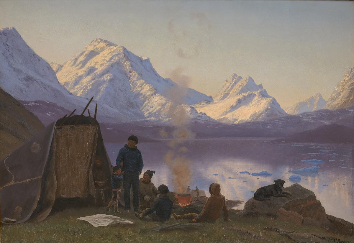 "A Greenlandic Settlement by a Fjord, Summer," 1883, by Carl Rasmussen. Oil on canvas. Statens Museum for Kunst, Copenhagen, Denmark. (Public Domain)