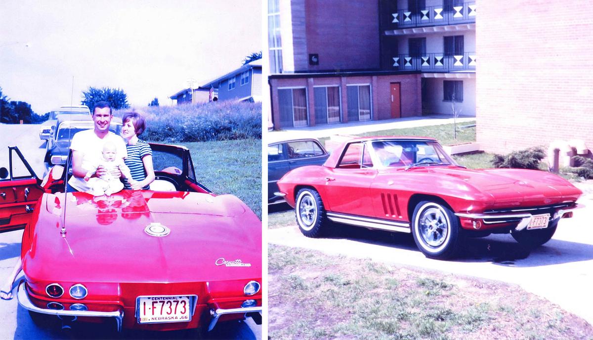 The Farrells and their red Corvette with their firstborn, Chad. (Courtesy of Brent Farrell)
