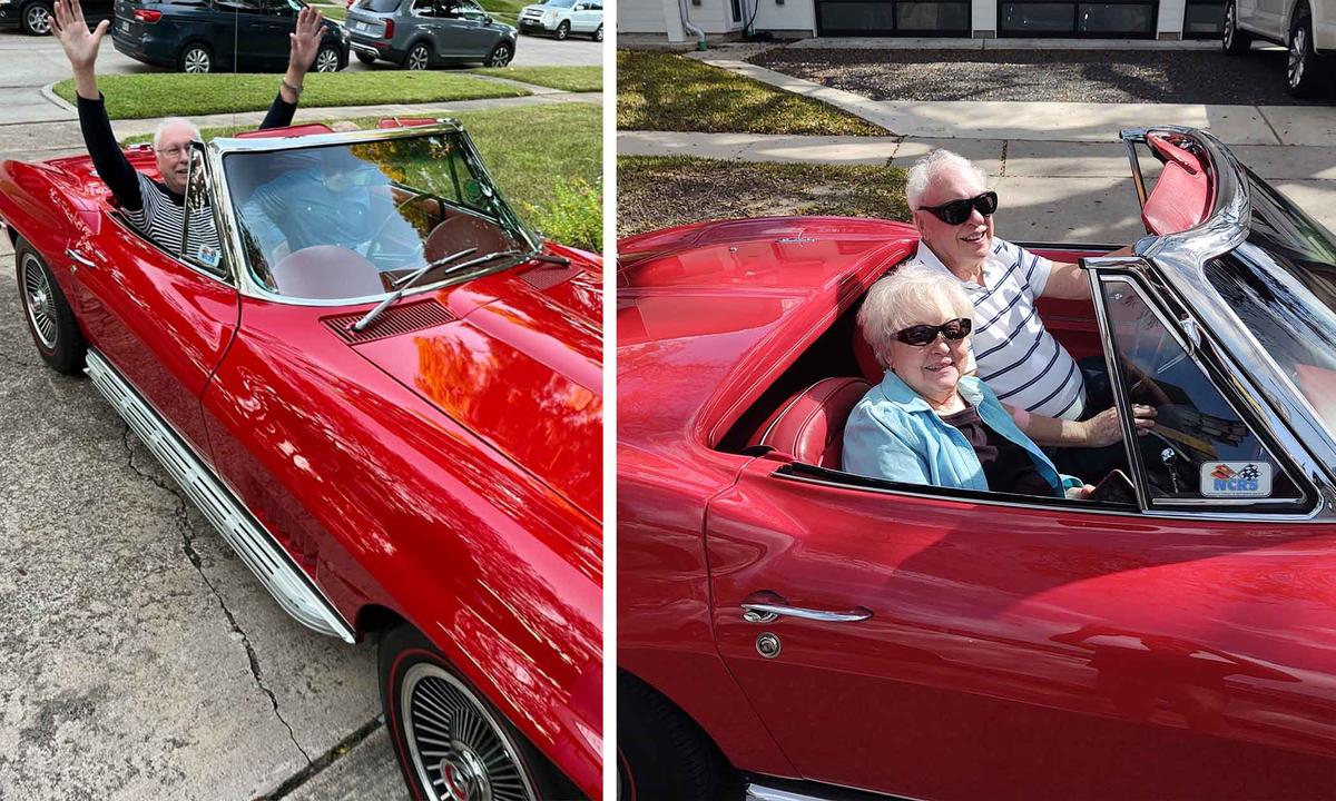 The couple sit in the red Corvette their son, Brent, had bought for them as a surprise. (Courtesy of Brent Farrell)