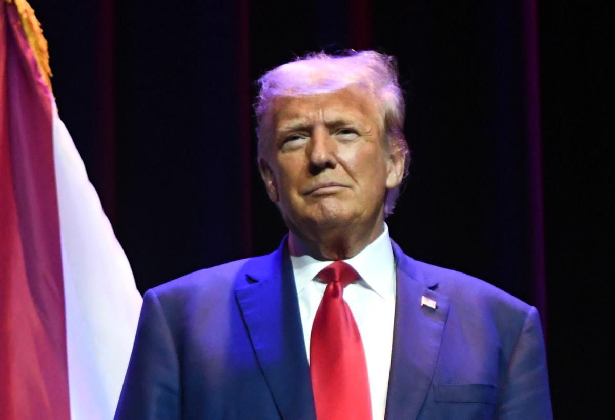 Former President Donald Trump speaks to members of the Alabama GOP during their summer meeting in Montgomery, Ala., on Aug. 4, 2023. (Julie Bennett/Getty Images)