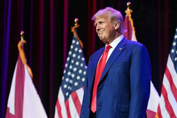 Former President Donald Trump looks on during the Alabama Republican Party’s 2023 Summer meeting at the Renaissance Montgomery Hotel in Montgomery, Ala., on Aug. 4, 2023. (Julie Bennett/Getty Images)