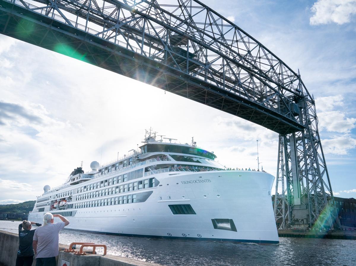 The Viking Ocantis of Vikings Cruises sails under the Aerial Lift Bridge on Lake Superior on July 25, 2022, at Canal Park in Duluth, Minnesota. (Erica Dischino/Minneapolis Star Tribune/TNS)