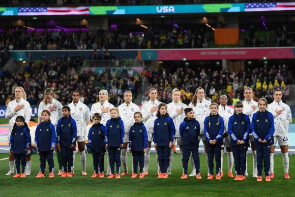 USA players line up for the national anthem prior to the FIFA Women's World Cup Australia & New Zealand 2023 Round of 16 match between Sweden and USA at Melbourne Rectangular Stadium in Melbourne, Australia, on Aug. 6, 2023. (Quinn Rooney/Getty Images)