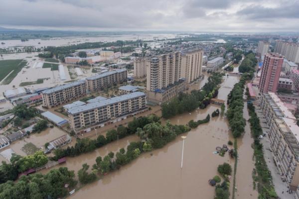 Flood waters cover Yanshou County of Harbin in northeastern China's Heilongjiang Province on Aug. 5, 2023. (Gu Jingkun/Xinhua via AP)