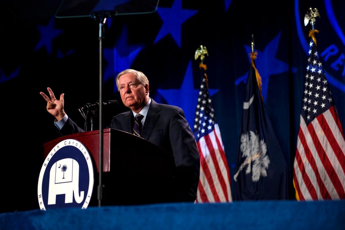 Sen. Lindsey Graham (R-S.C.) speaks before former President Donald Trump at the 56th Annual Silver Elephant Dinner hosted by the South Carolina Republican Party in Columbia, S.C., on Aug. 5, 2023. (Melissa Sue Gerrits/Getty Images)