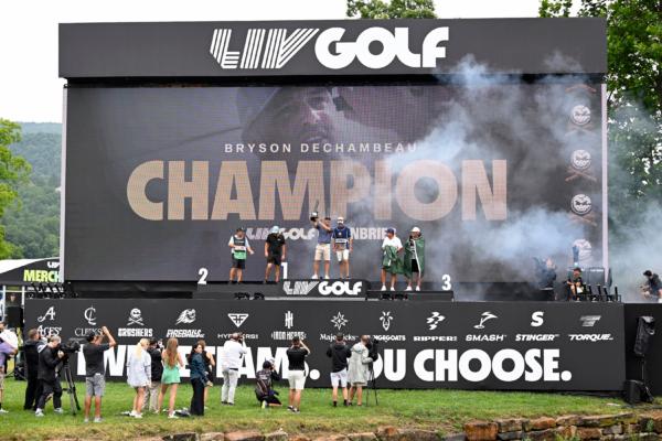 Bryson DeChambeau of the United States celebrates his record 58 to win the LIV Golf Invitational - Greenbrier at The Old White Course in White Sulphur Springs, W.V., on August 6, 2023. (Eakin Howard/Getty Images)