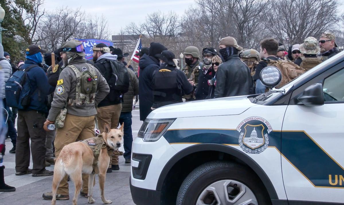 Members of the Oath Keepers gather near the bottom of the east steps at the U.S. Capitol on Jan. 6, 2021. (Ford Fischer/News2Share)