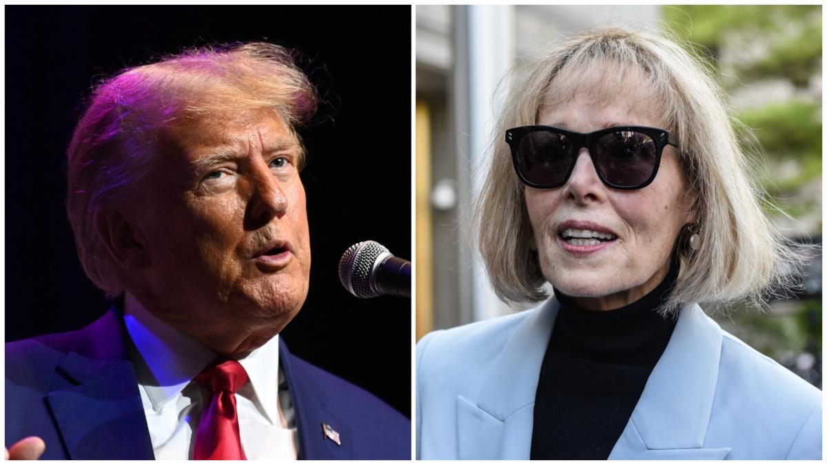 (Left) Former President Donald Trump speaks during the Alabama Republican Party’s 2023 Summer meeting at the Renaissance Montgomery Hotel in Montgomery, Ala., on Aug. 4, 2023. (Julie Bennett/Getty Images); (Right) E. Jean Carroll leaves following her trial at Manhattan Federal Court in New York on May 8, 2023. (Stephanie Keith/Getty Images)