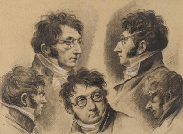 Louis-Léopold Boilly often placed himself in his paintings. "Study Sheet With 5 Self-Portraits of the Artist," circa 1810, by Louis-Léopold Boilly. Black chalk with heightened white on paper; 6 3/8 inches by 8 7/8 inches. The Ramsbury Manor Foundation, Ramsbury, in Wiltshire, England. (Public Domain)