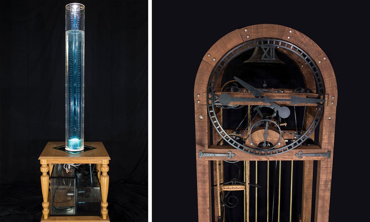 (Left) "Fluid Clock"; (Right) "Timber Clock," both built by  Rick Stanley. (Courtesy of <a href="https://stanleyclockworks.com/">Rick Stanley</a>)