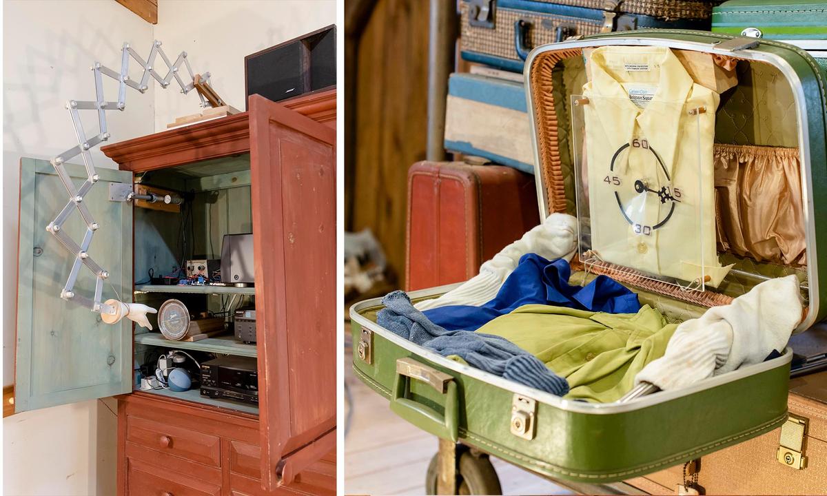 (Left) Animatronics operate the stereo in Rick Stanley's workshop; (Right) Detail of the clock "Time Traveler." (Courtesy of <a href="https://stanleyclockworks.com/">Rick Stanley</a>)