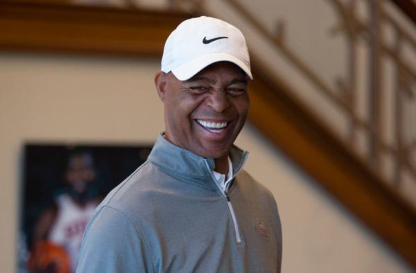 NFL Hall of Famer Marcus Allen laughs during the Julius Erving Golf Classic at The ACE Club in Lafayette Hill, Pa., on Sept. 11, 2017. (Mitchell Leff/Getty Images for PGD Global)