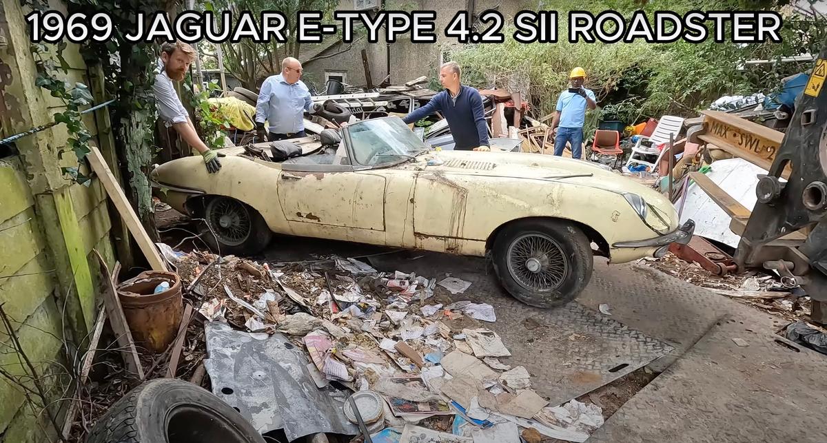 A 1969 Jaguar E-Type car being removed from the barn in the south of England. (Courtesy of Anglia Car Auctions)