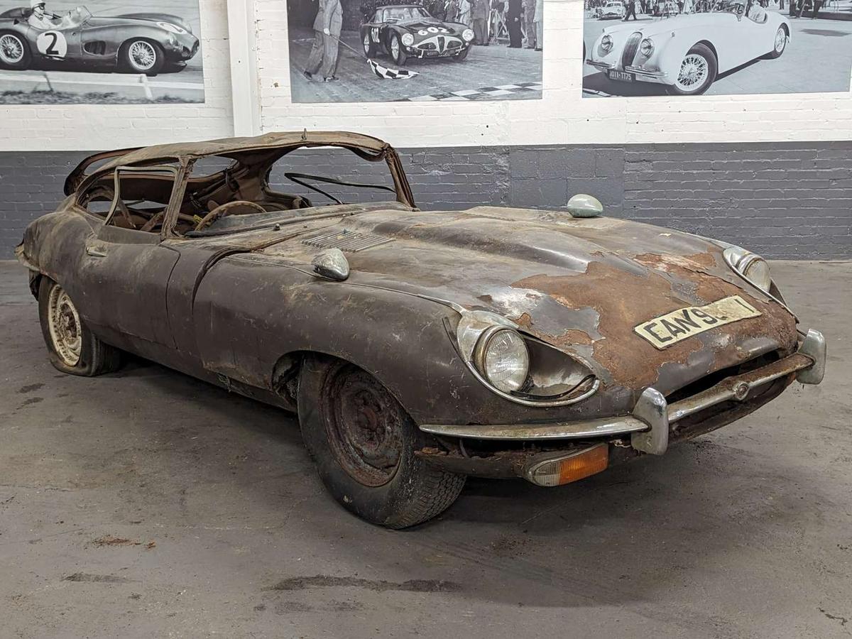 A 1970 Jaguar E-Type 4.2 SSII FHC, partially restored, is now ready for auction. (Courtesy of Anglia Car Auctions)