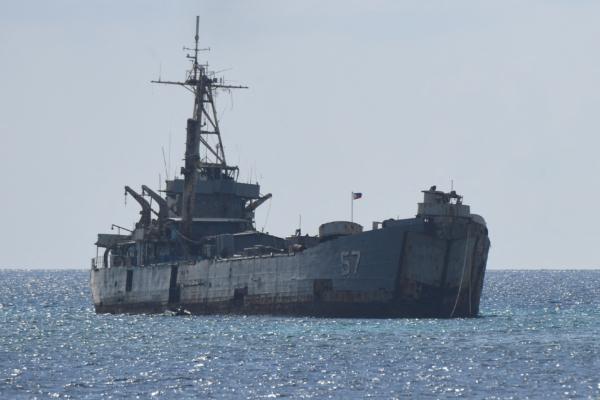  The grounded Philippine navy ship BRP Sierra Madre where marines are stationed to assert Manila's territorial claims at Second Thomas Shoal in the Spratly Islands in the disputed South China Sea, on April 23, 2023. (Ted Aljibe/AFP via Getty Images)