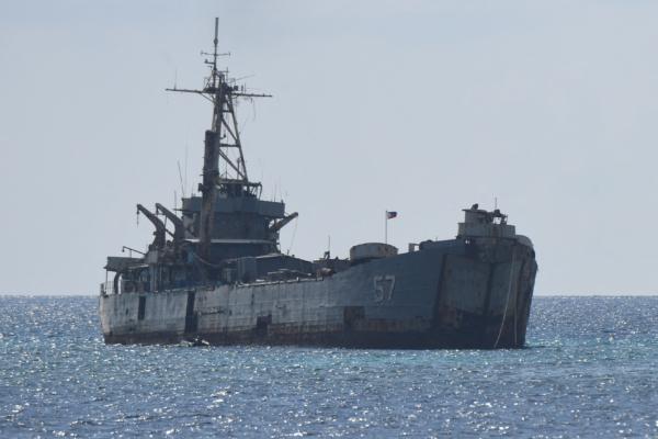 The grounded Philippine navy ship BRP Sierra Madre where marines are stationed to assert Manila's territorial claims at Second Thomas Shoal in the Spratly Islands in the disputed South China Sea, on April 23, 2023. (Ted Aljibe/AFP via Getty Images)