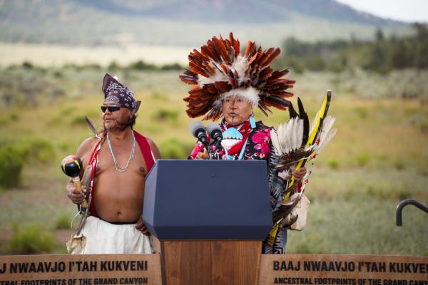 Local tribe leaders speak before President Joe Biden signs a proclamation creating the Baaj Nwaavjo I'tah Kukveni Ancestral Footprints of the Grand Canyon National Monument at Red Butte Airfield, Ariz., on Aug. 8, 2023. (Madalina Vasiliu/The Epoch Times)