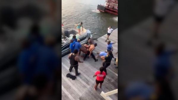 A chaotic brawl breaks out on a popular riverfront dock in Montgomery, Ala., on Aug. 5, 2023. (Courtesy of Laurieann K Marie)