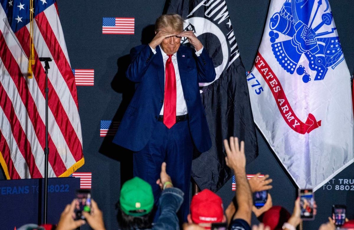 Former U.S. President and 2024 presidential hopeful Donald Trump arrives to speak during a campaign rally at Windham High School in Windham, N.H, on Aug. 8, 2023. (Joseph Prezioso/AFP via Getty Images)