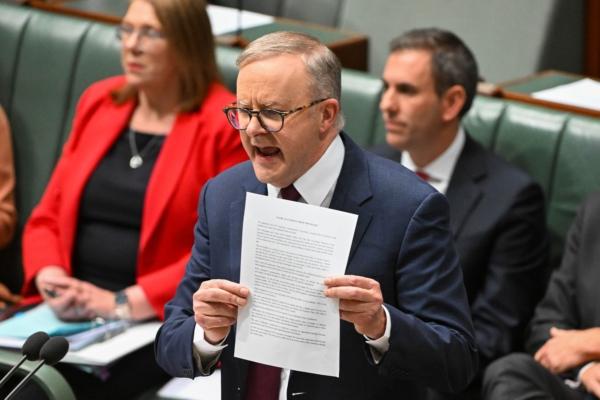 Australian Prime Minister Anthony Albanese speaks during Question Time at Parliament House in Canberra, Australia, on Aug. 8, 2023. (AAP Image/Lukas Coch)
