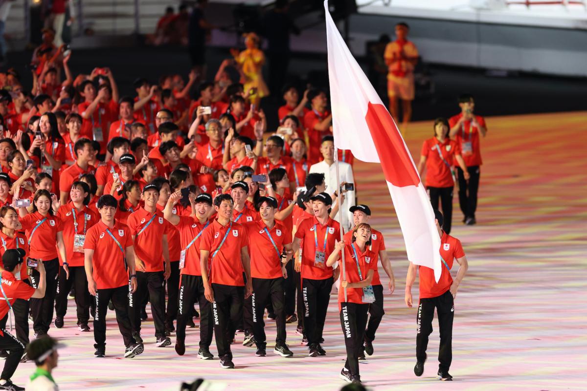 Members of Team Japan make their way around the stadium during the 2023 Summer Universiade Opening Ceremony at Dong'an Lake Sports Park Stadium in Chengdu, China, on July 28, 2023. (Lintao Zhang/Getty Images)