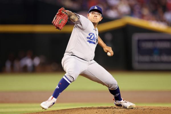 Starting pitcher Julio Urias (7) of the Los Angeles Dodgers pitches against the Arizona Diamondbacks during the first inning of the MLB game at Chase Field in Phoenix on Aug. 8, 2023 , Arizona. (Christian Petersen/Getty Images)