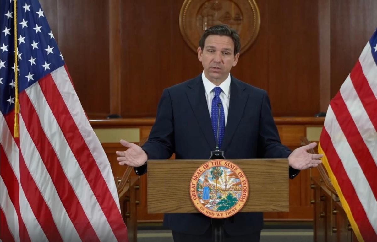Florida Gov. Ron DeSantis speaks at a press conference about his removal and replacement of state attorney Monique Worrell in Tallahassee, Fla. on Aug. 9, 2023. (Courtesy of the Florida Governor's Office/Screenshot via The Epoch Times)