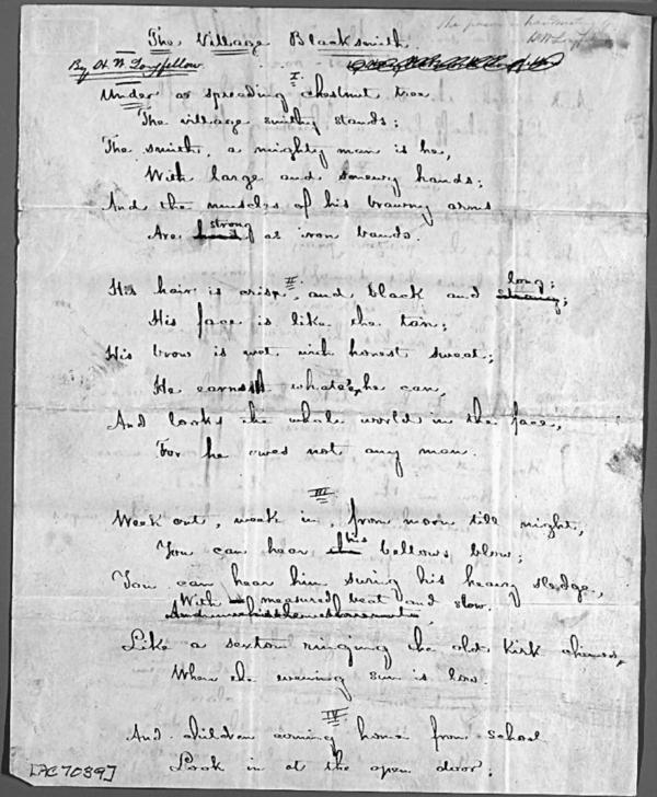 First page of the original manuscript for "The Village Blacksmith" (Public Domain)