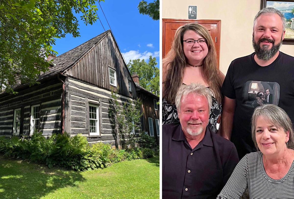 (Left) A recent photo of the historic log house from 1761 after restoration was completed in the mid-1990s (Courtesy of Ronnie Simpson); (Right) A recent photo of Mr. and Ms. Simpson with their grown children, Jenna and Jesse. (Courtesy of Jenna Simpson)