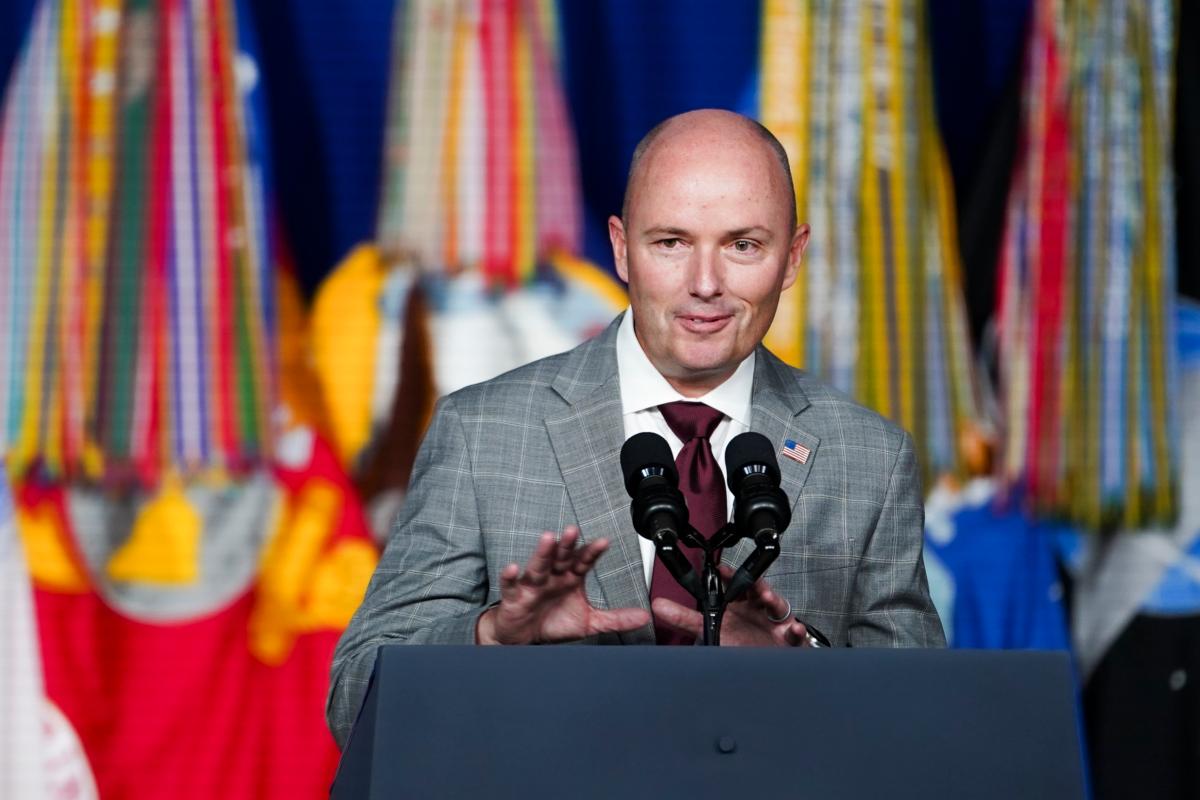Gov. Spencer Cox (R-Utah) speaks ahead of President Joe Biden’s speech to mark the one-year anniversary of the Promise to Address Comprehensive Toxics (PACT) Act at the George E. Wahlen Department of Veterans Affairs Medical Center in Salt Lake City, Utah, on Aug. 10, 2023. (Madalina Vasiliu/The Epoch Times)