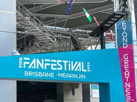 Signage including the dual names of Brisbane and Meaanjin displayed at a festival for the FIFA Women's World Cup 2023 in Brisbane, Australia on Aug. 10, 2023 (Courtesy of Margery Dunn)