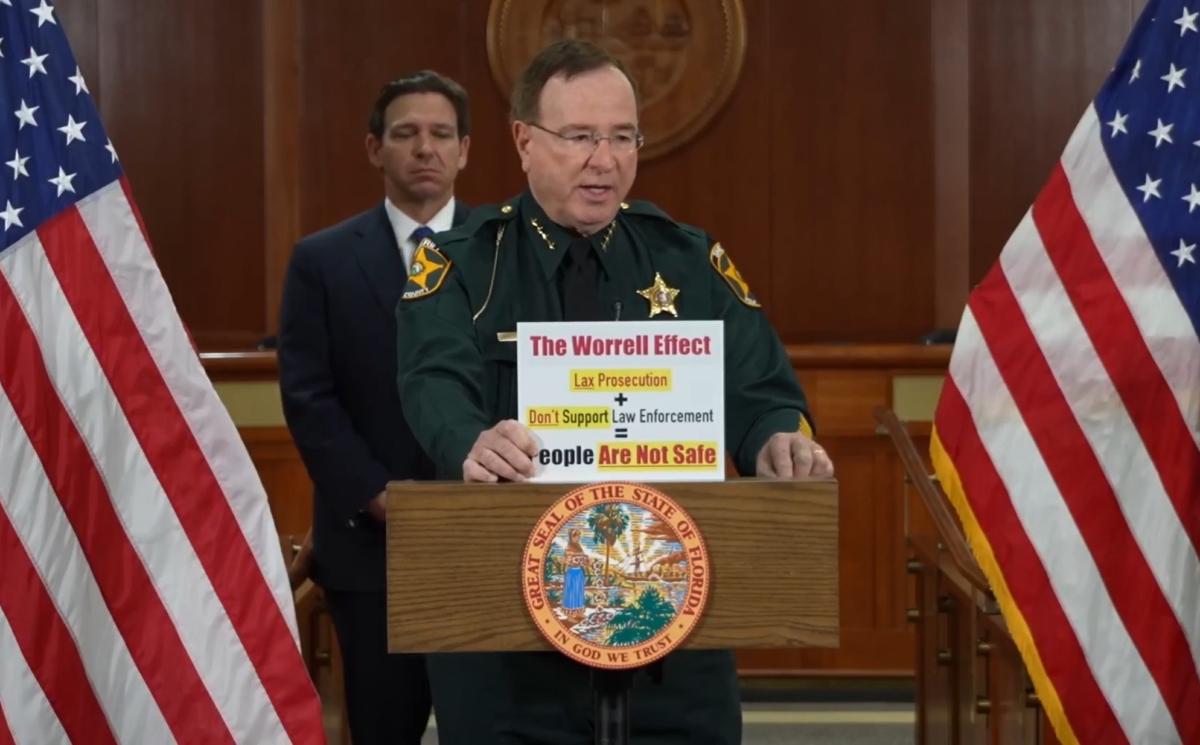 Sheriff Grady Judd, of Polk County, Fla., speaks about why it Gov. Ron DeSantis was right to remove Monique Worrell from her elected post as a state attorney on Aug. 9, 2023. (Courtesy of the Florida Governor's Office/Screenshot via The Epoch Times)