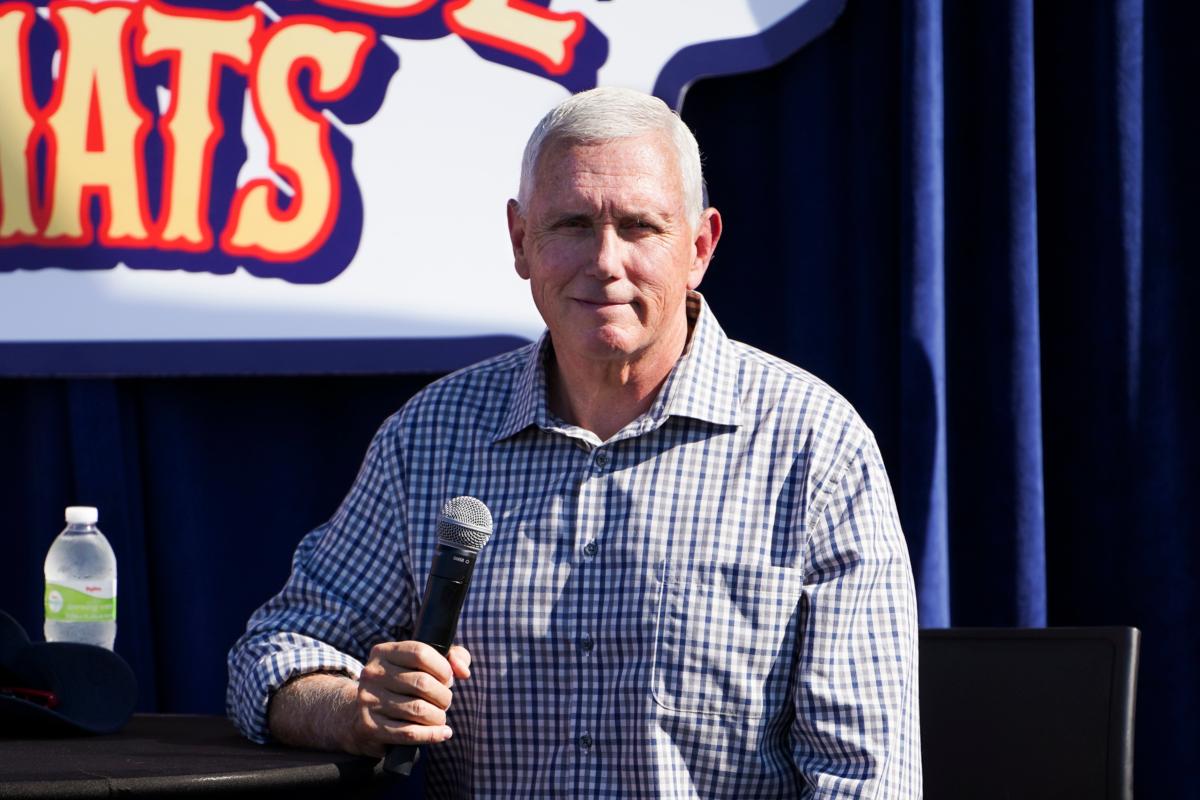 Republican presidential candidate and former U.S. Vice President Mike Pence speaks during Fair Side Chat at the Iowa State Fair in Des Moines, Iowa, on Aug. 11, 2023. (Madalina Vasiliu/The Epoch Times)