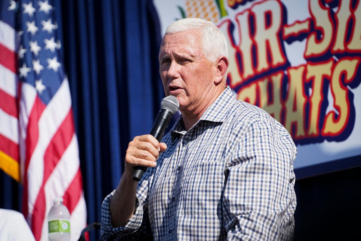 Republican presidential candidate and former U.S. Vice President Mike Pence speaks during Fair Side Chat at the Iowa State Fair in Des Moines, Iowa, on Aug. 11, 2023. (Madalina Vasiliu/The Epoch Times)