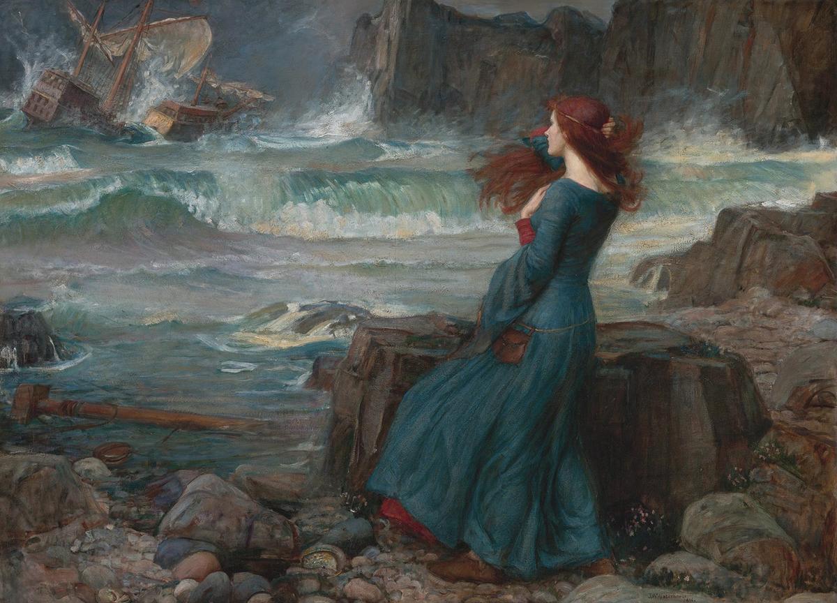 "A brave vessel" carrying Miranda's future lover, Ferdinand, is overtaken by violent waves and "dashed to pieces" (Act 2; scene 2, from Shakespeare's "The Tempest"). "Miranda–The Tempest," 1916, by John William Waterhouse. Oil on canvas. Private Collection. (Public Domain)