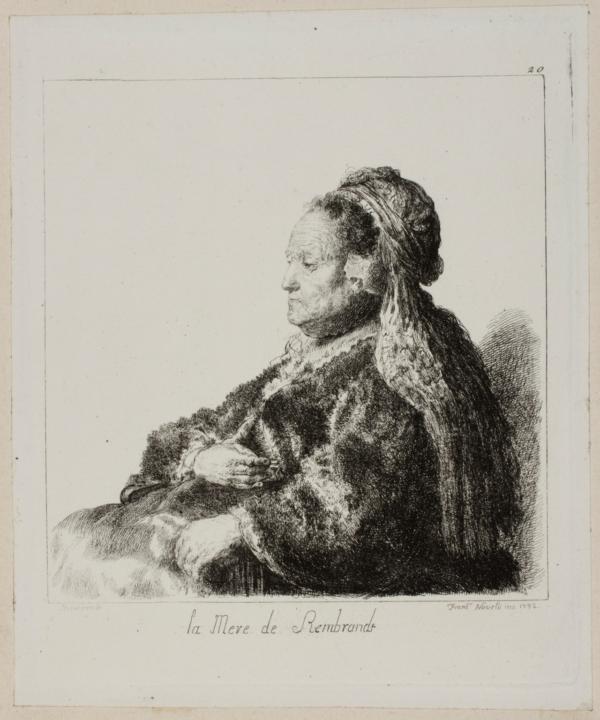 “The Artist's Mother Seated, in an Oriental Headress, Half Length,” 1792, by Francesco Novelli, after Rembrandt Harmenszoon van Rijn. Etching; 6 3/16 inches by 5 3/8 inches. Philadelphia Museum of Art. (Philadelphia Museum of Art)
