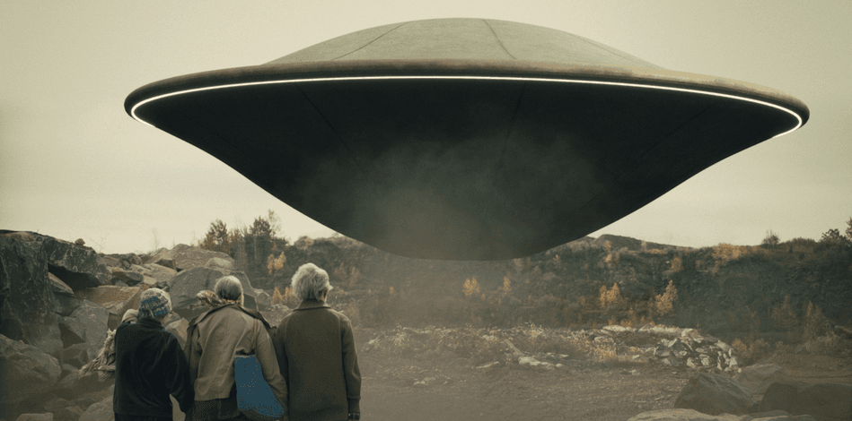(L–R) Joyce (Jane Curtin), Sandy (Harriet Sansom Harris) and Milton (Ben Kingsley) watch as their alien friend departs planet earth, in "Jules." (Bleecker Street)