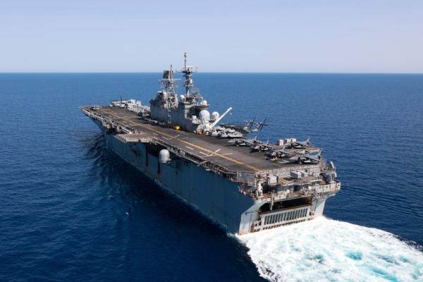 The United States Navy amphibious assault ship USS Bataan travels through the Red Sea, on Aug. 8, 2023. (Mass Communication Specialist 3rd Class Riley Gasdia/U.S. Navy, via AP)