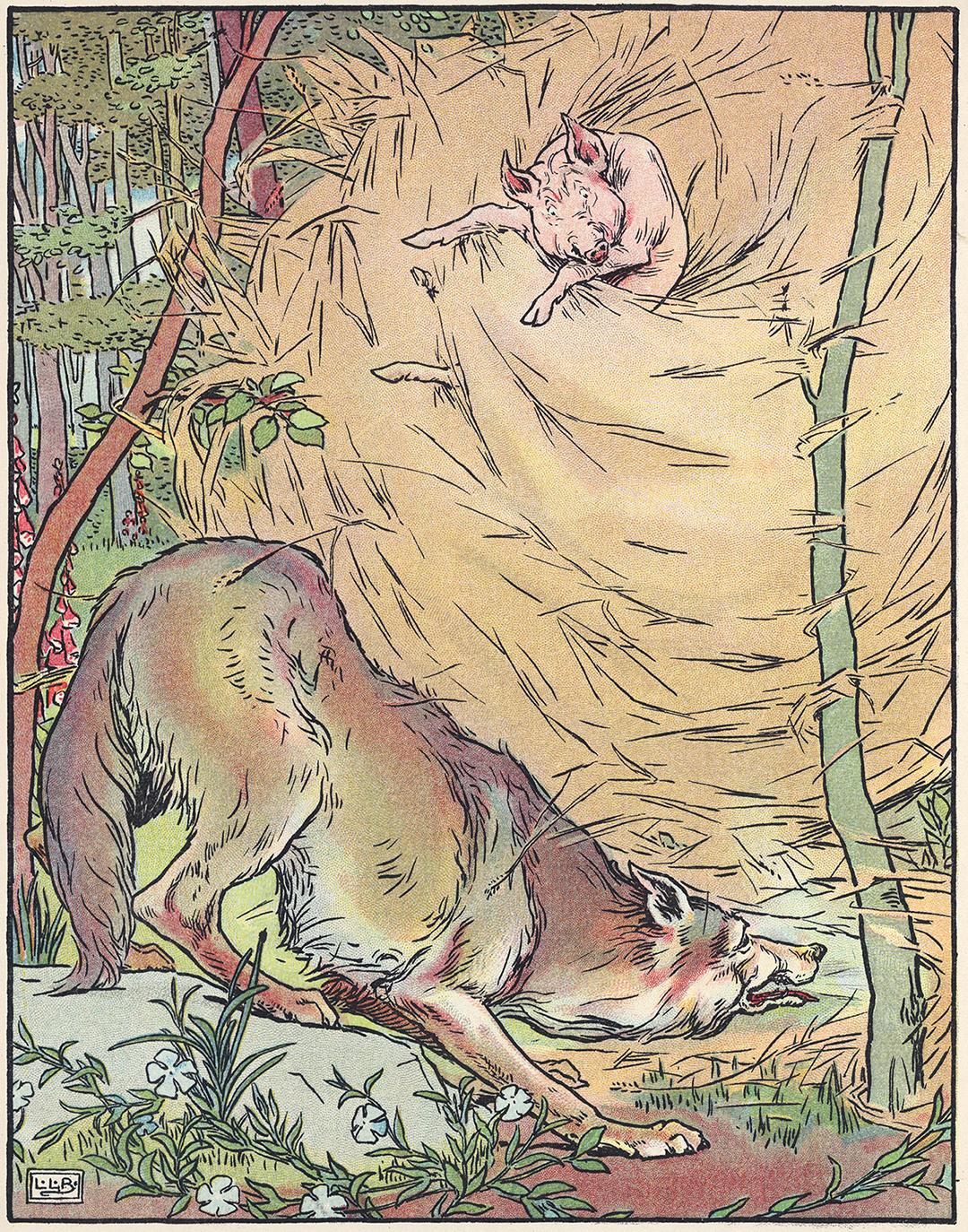 An illustrated plate of the wolf blowing down the pigs' straw house from the 1904 adaptation of "The Three Little Pigs" by L. Leslie Brooke. Library of Congress. (Public Domain)