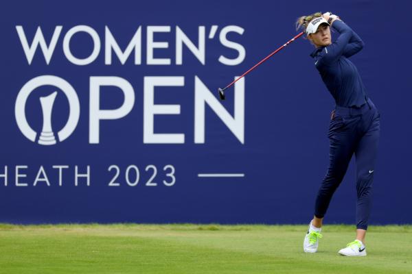 Nelly Korda of the United States plays her tee shot on the 1st hole on Day Two of the AIG Women's Open at Walton Heath Golf Club in Tadworth, England, on August 11, 2023. (Andrew Redington/Getty Images)