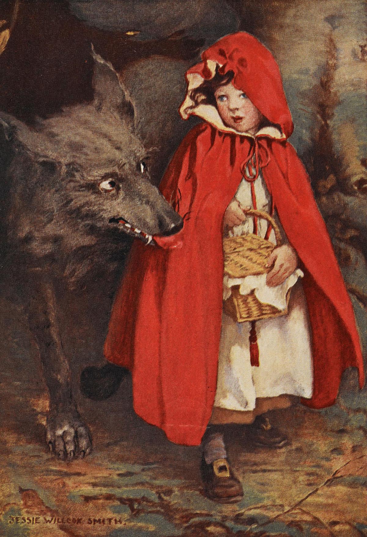 An Illustrated plate of "Little Red Riding Hood," 1911, by Jessie Willcox Smith from the book "A Child's Book of Stories." (Public Domain)
