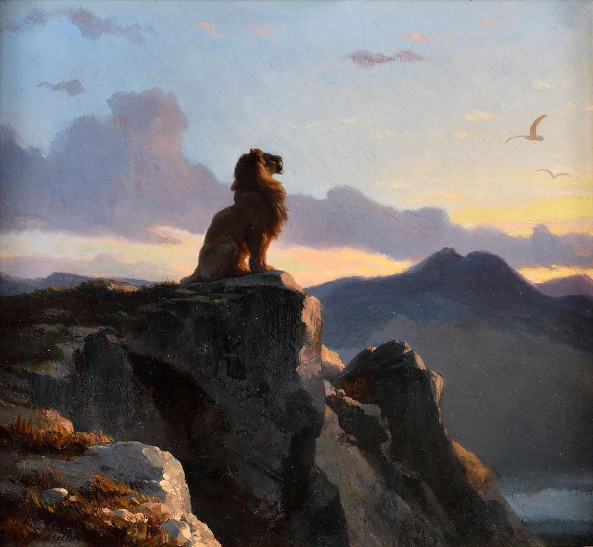 The lion—king of the beasts—is a symbol of authority and power. A painting of a lion sitting on the edge of a cliff, circa 1850, by an unknown French painter. Oil on panel. (Public Domain)