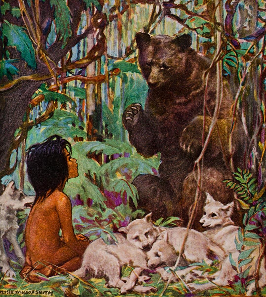 An illustration of Kipling's Mowgli and Baloo, titled "Mowgli," 1923, by Jessie Willcox Smith from "Boys & Girls of Bookland." (Public Domain)