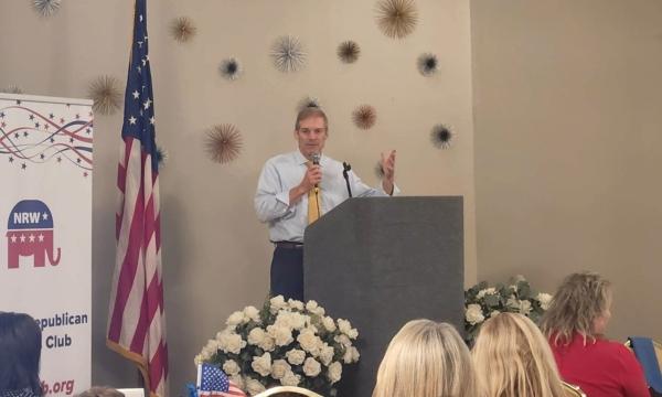 Rep. Jim Jordan (R-Ohio) talks about government censorship on social media during an address at a Republican women's club event in Loveland, Ohio, on Aug. 7, 2023. (Jeff Louderback/The Epoch Times)
