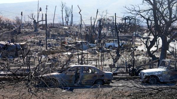 Destroyed homes and cars are shown in Lahaina, Hawaii, on Aug. 13, 2023. (Rick Bowmer/AP Photo)