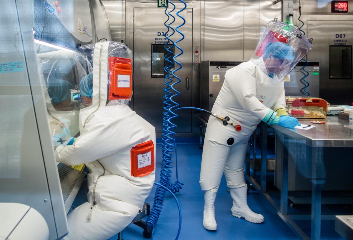 Workers inside the P4 laboratory in Wuhan, Hubei Province, China, on Feb. 23, 2017. (Johannes Eisele/AFP via Getty Images)